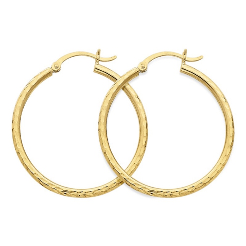 14K Yellow Gold Small Diamond Cut Hoop Earrings 1 Inch