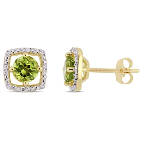 GEM AND HARMONY  1 1/8 Carat (Ctw) Natural Peridot Halo Earrings In 10K Gold With Diamonds In Yellow