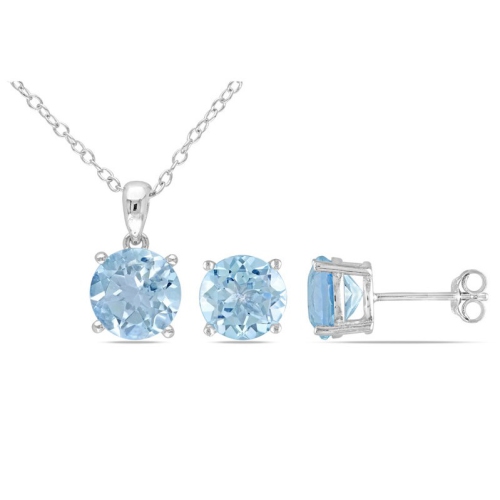 6.35 Carat Blue Topaz 8mm Solitaire Earrings and Pendant Set n Sterling Silver with Chain