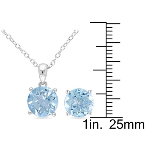 6.35 Carat Blue Topaz 8mm Solitaire Earrings and Pendant Set n Sterling Silver with Chain