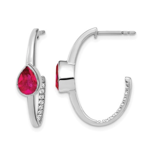 GEM AND HARMONY  1.50 Carat (Ctw) Lab Created Ruby And Diamonds 1/6 Carat (Ctw) J-Hoop Earrings In 14K Gold In White