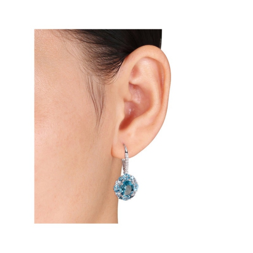 6.70 Carat London Blue Topaz & Lab Created White Topaz Drop Leverback Earrings in Sterling Silver