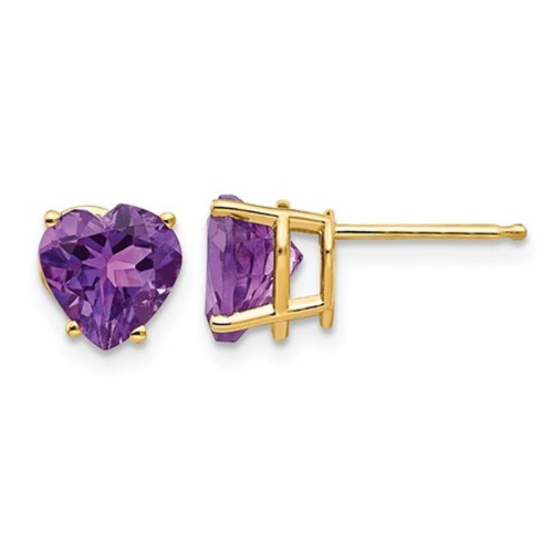 GEM AND HARMONY  14K Gold 7MM Solitaire Amethyst Heart Earrings 2.00 Carat (Ctw) In Yellow