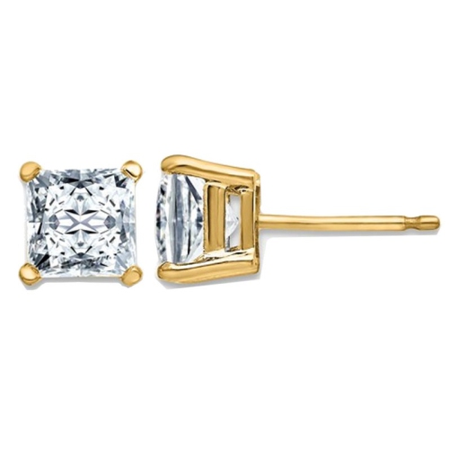 GEM AND HARMONY  1.82 Carat (5.5Mm) Synthetic Moissanite Princess-Cut Solitaire Stud Earrings 14K Gold (2.00 Ct Diamond Look) In Yellow