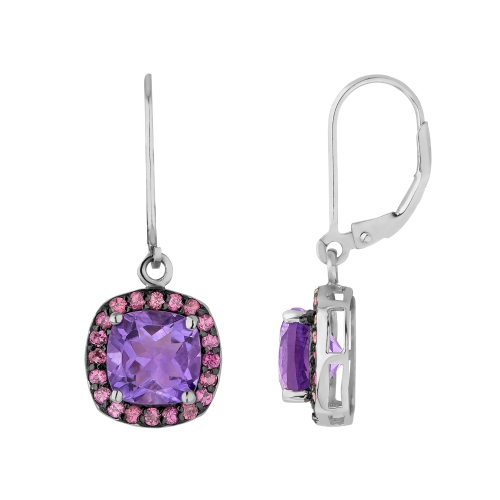 GEM AND HARMONY  Amethyst Drop Dangle Earrings With Rhodolite In Sterling In Silver