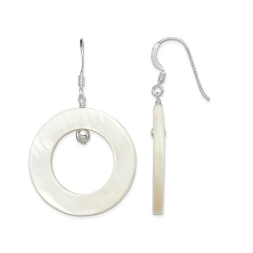 GEM AND HARMONY  Mother Of Pearl Circle Dangle Earrings In Sterling Silver In White