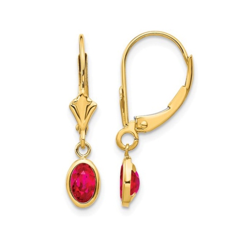 Boucles d’oreilles pendantes à levier, or jaune 14 ct, rubis naturel 1.25 ct