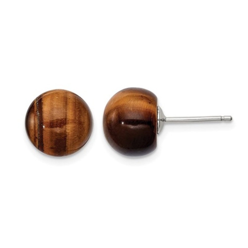 GEM AND HARMONY  Tiger Eye Button Earrings In Sterling In Silver