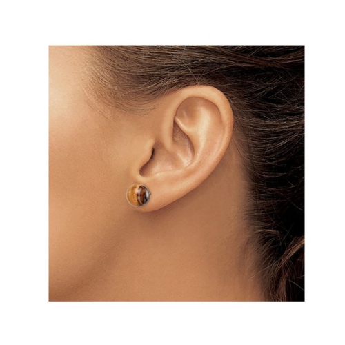 Tiger Eye Button Earrings in Sterling Silver