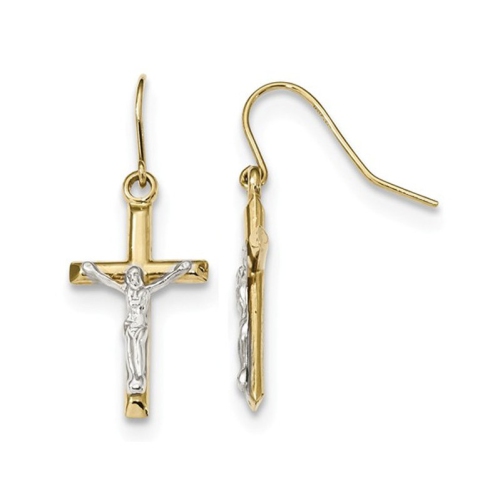 GEM AND HARMONY  10K White And Gold Polished Cross Dangle Earrings In Yellow