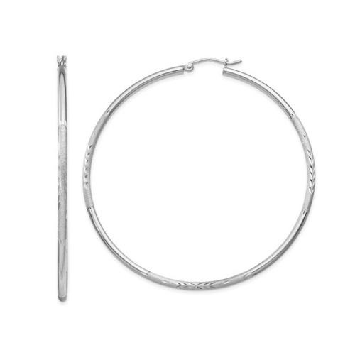 Extra Large Satin and Diamond Cut Hoop Earrings in Sterling Silver 2 1/2 Inch