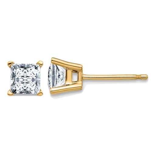 GEM AND HARMONY  1.00 Carat (1.20 Ct Diamond Look) Synthetic Colorless Moissanite (4.5Mm) Princess Cut Solitaire Earrings In 14K In Gold