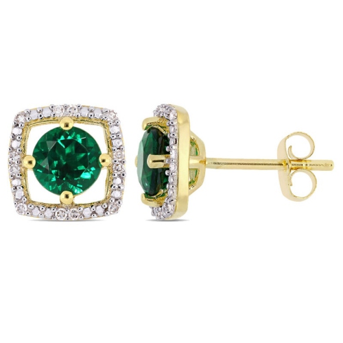 1.00 Carat Lab Created Emerald Halo Earrings in 10K Yellow Gold with Diamonds