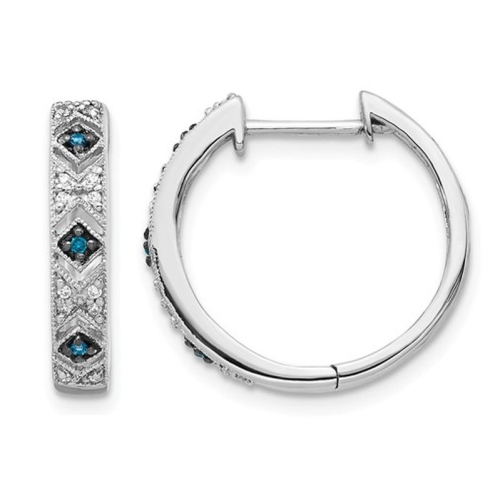 GEM AND HARMONY  1/10 Carat (Ctw) Enhanced & White Diamond Huggie Hoop Earrings In 14K White Gold In Blue