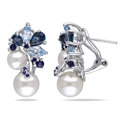 GEM AND HARMONY  3.0 Carat (Ctw) Freshwater Cultured Pearl Topaz & Sapphire Cluster Earrings Sterling Silver In Blue