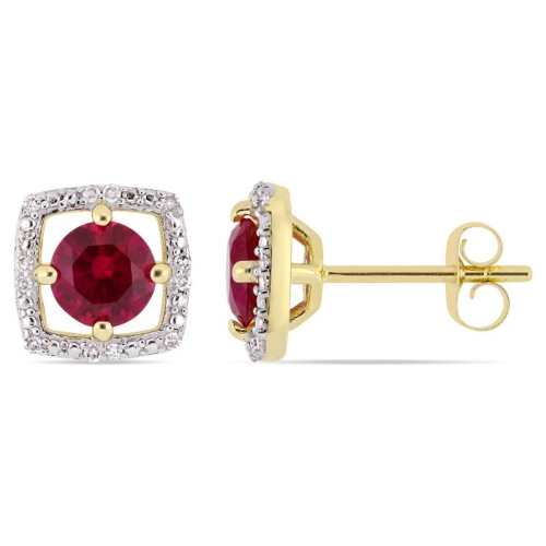 GEM AND HARMONY  1.10 Carat (Ctw) Lab Created Ruby Solitaire Halo Earrings In 10K Gold With Diamonds In Yellow