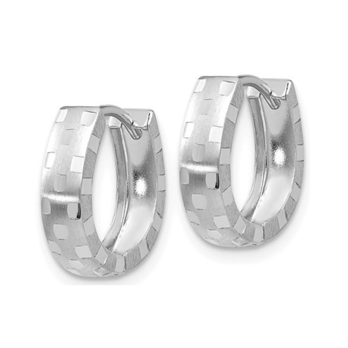14K White Gold Diamond Cut 4mm Patterned Hinged Huggie Hoop Earrings