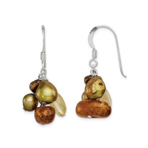 GEM AND HARMONY  Cultured Freshwater Pearl, Citrine And Amber Earrings In Sterling In Silver