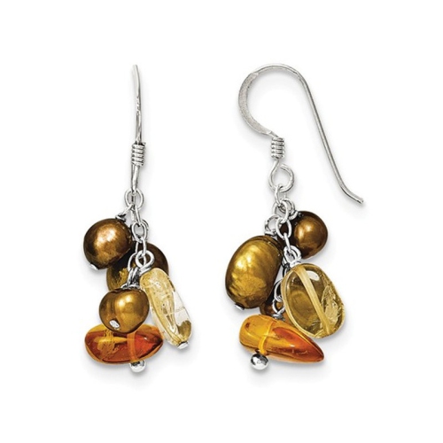 Cultured Freshwater Pearl, Citrine and Amber Earrings in Sterling Silver