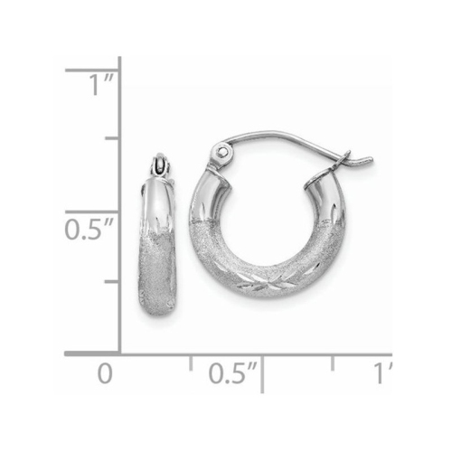 Extra Small Satin and Diamond Cut Hoop Earrings in 14K White Gold 1/2 Inch