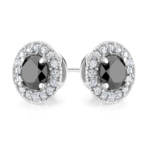 GEM AND HARMONY  2.00 Carat (Ctw) Black Diamond & Created Topaz Halo Earrings In Sterling Silver In White