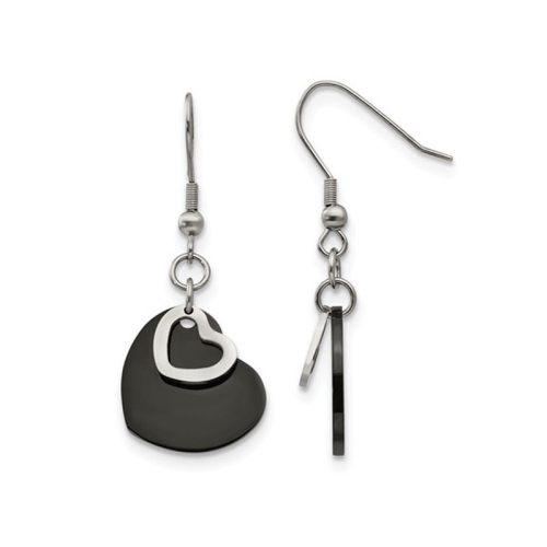 GEM AND HARMONY  Stainless Steel Polished Heart Post Dangle Earrings In Black