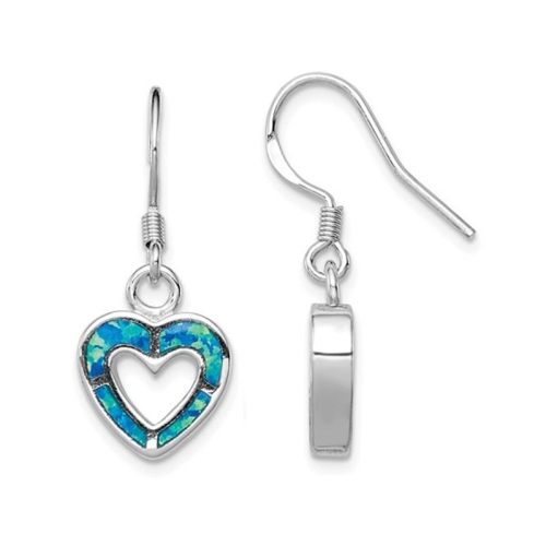 GEM AND HARMONY  Created Synthetic Opal Heart Earrings In Sterling Silver In Blue