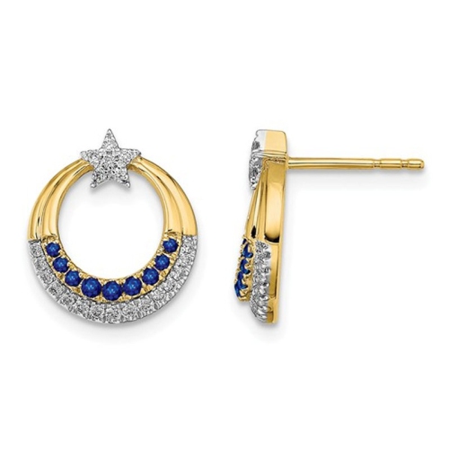 1/7 Carat Natural Blue Sapphire Charm Star Moon Earrings in 14K Yellow Gold with Accent Diamonds
