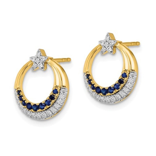 1/7 Carat Natural Blue Sapphire Charm Star Moon Earrings in 14K Yellow Gold with Accent Diamonds