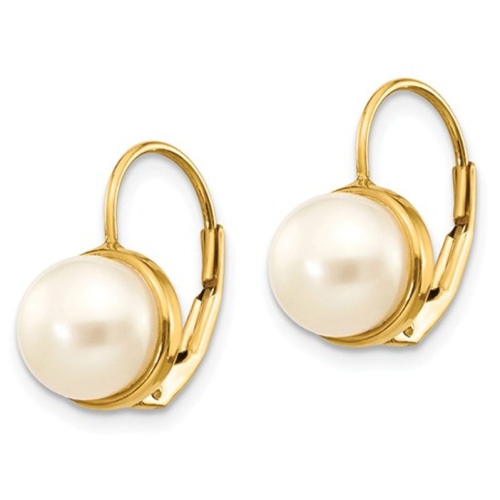 White Freshwater Cultured Pearl Leverback Earrings in 14K Yellow Gold