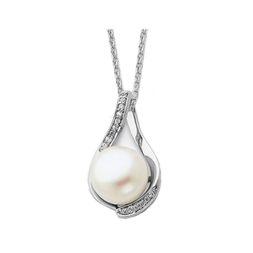 Solitaire White Cultured Freshwater Pearl Pendant Necklace in Sterling Silver with Chain