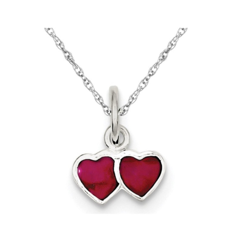 GEM AND HARMONY  Enameled Double Heart Charm Pendant Necklace In Sterling Silver In Pink
