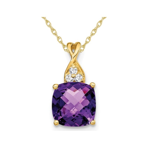 GEM AND HARMONY  1.70 Carat (Ctw) Cushion Cut Amethyst Pendant Necklace In 14K Gold With Accent Diamonds In Yellow