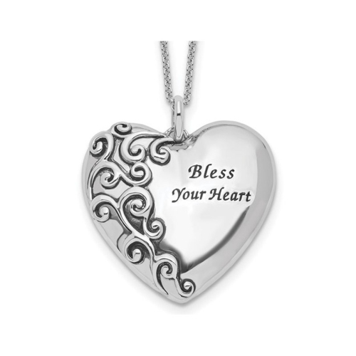 GEM AND HARMONY  Bless Your Heart Pendant Necklace In Antiqued Sterling With Chain In Silver