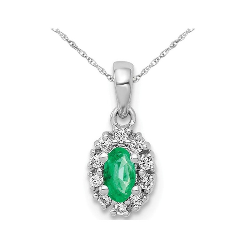1/3 Carat Natural Emerald Halo Pendant Necklace in 14K White Gold with Chain and Accent Diamonds