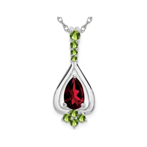1.00 Carat Garnet and Peridot Drop Pendant Necklace in 14K White Gold with Chain