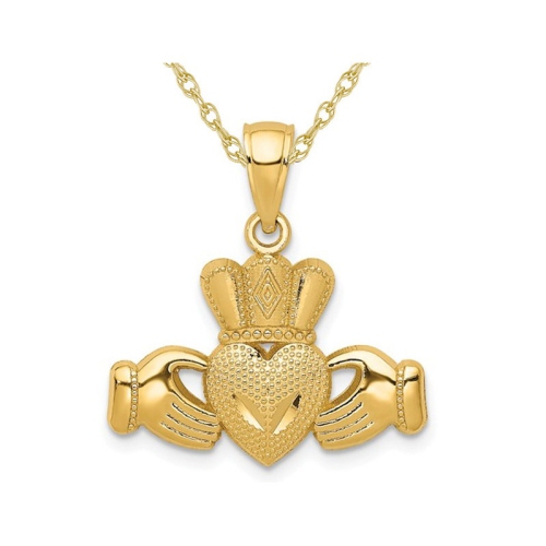 GEM AND HARMONY  14K Gold Polished And Textured Claddagh Pendant Necklace With Chain In Yellow