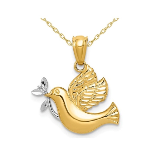GEM AND HARMONY  14K Gold Dove And Olive Branch Charm Pendant Necklace With Chain In Yellow