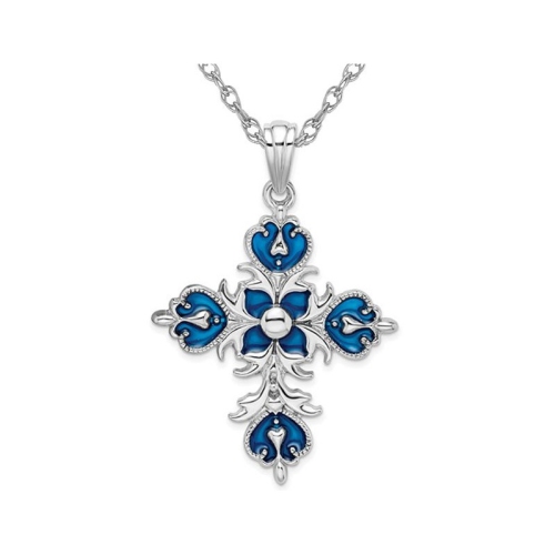 GEM AND HARMONY  Sterling Silver Fleur De Lis Cross Pendant Necklace With Chain In Blue