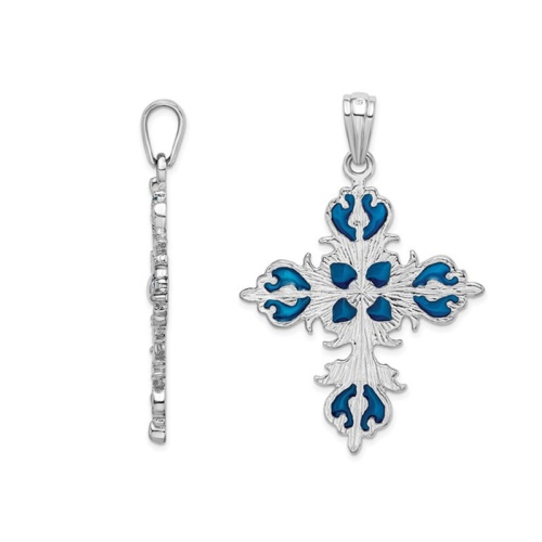 Sterling Silver Fleur de Lis Blue Cross Pendant Necklace with Chain