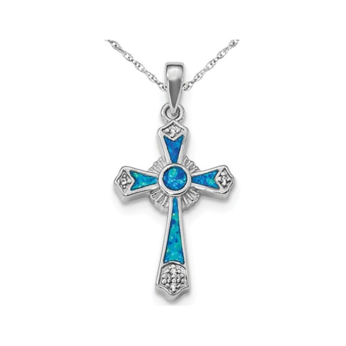 GEM AND HARMONY  Lab Created Opal Cross Pendant Necklace In Sterling Silver With Chain In Blue