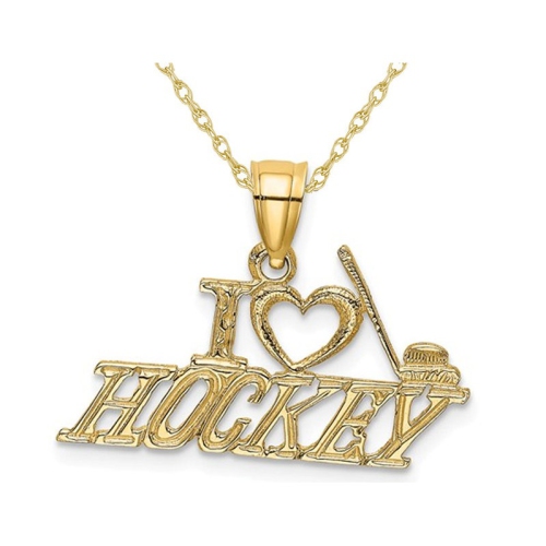 14K Yellow Gold I LOVE HOCKEY Charm Pendant Necklace with Chain