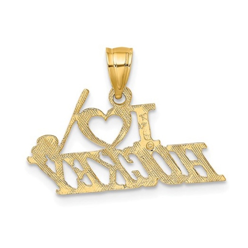 14K Yellow Gold I LOVE HOCKEY Charm Pendant Necklace with Chain