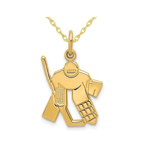 Collier à pendentif en or jaune 14 ct avec chaîne et breloque de gardien de but de hockey