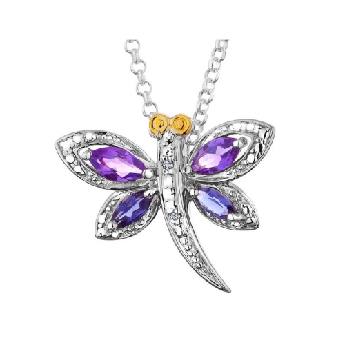 Collier à pendentif libellule améthyste et iolite avec diamants 5/8 ct en argent sterling et chaîne