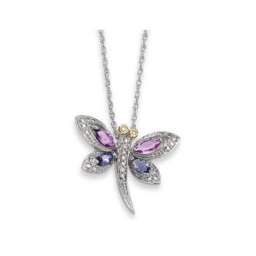 Collier à pendentif libellule améthyste et iolite avec diamants 5/8 ct en argent sterling et chaîne