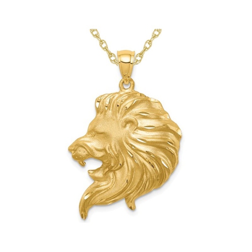 GEM AND HARMONY  14K Gold Large Lion Head Charm Pendant Necklace With Chain In Yellow