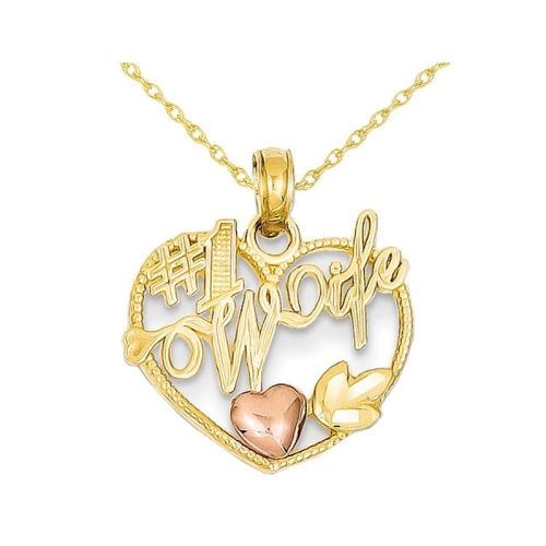 GEM AND HARMONY  14K And Pink Gold #1 Wife Heart Pendant Necklace With Chain In Yellow