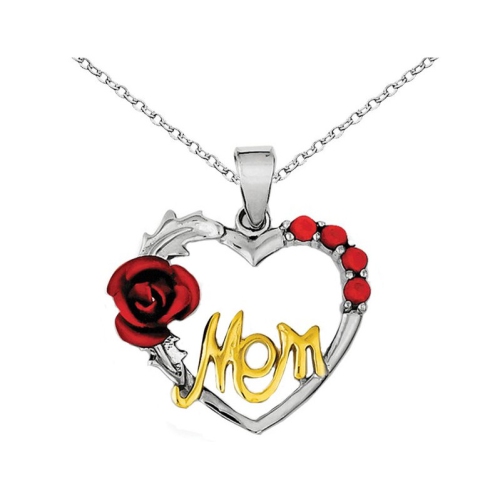 Vermeil Red Flower Heart Mom Pendant Necklace in Sterling Silver with Synthetic Cubic Zirconia