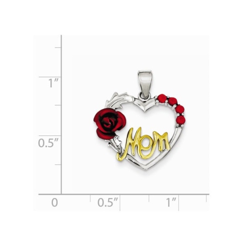 Vermeil Red Flower Heart Mom Pendant Necklace in Sterling Silver with Synthetic Cubic Zirconia